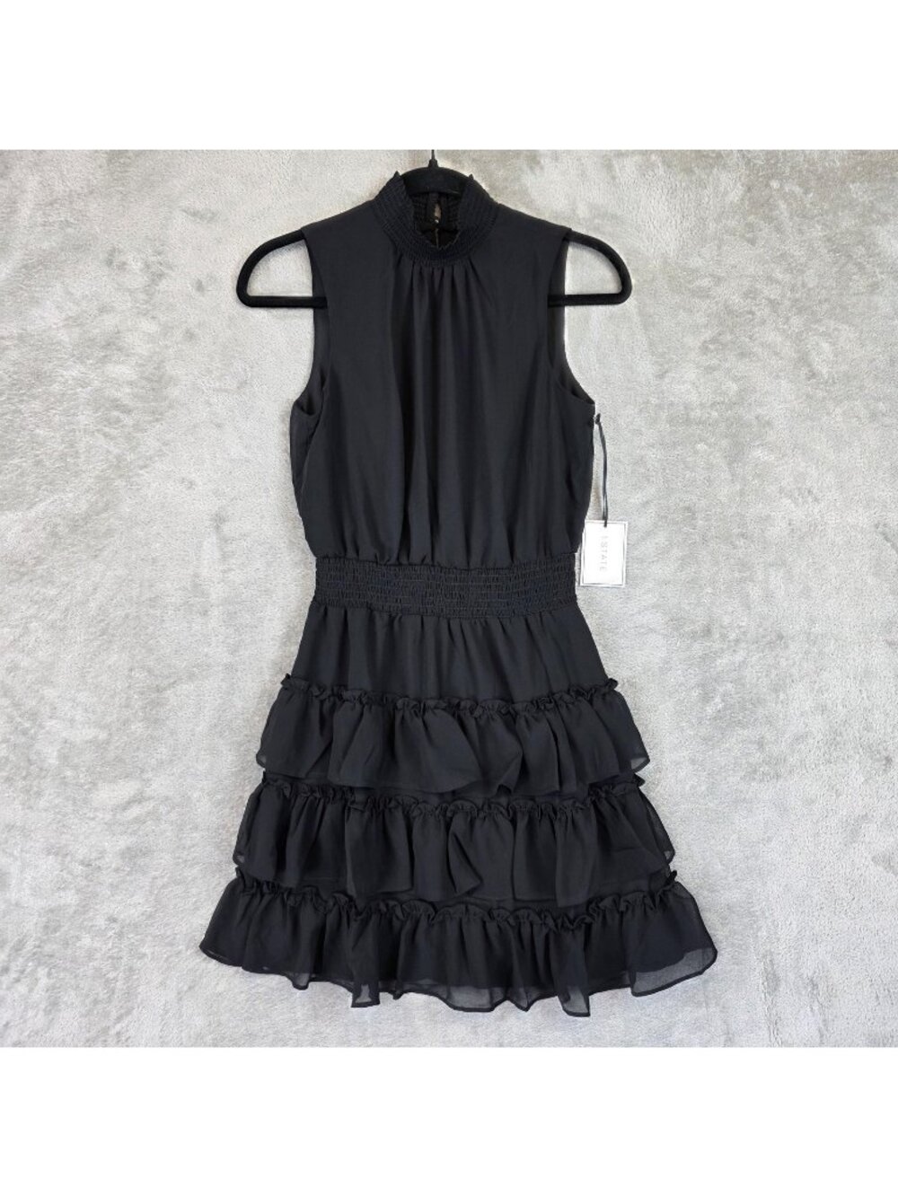1. STATE Dress Womens XS Black Mock Neck Smocked Ruffle Chiffon Fit & Flare Mini
